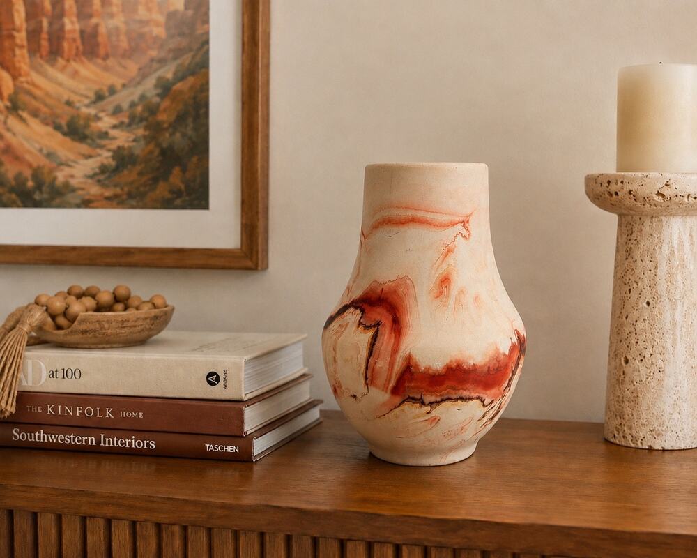 Vintage Nemadji Pottery Swirl Vase Red Marble Clay Mid Century Studio Decor